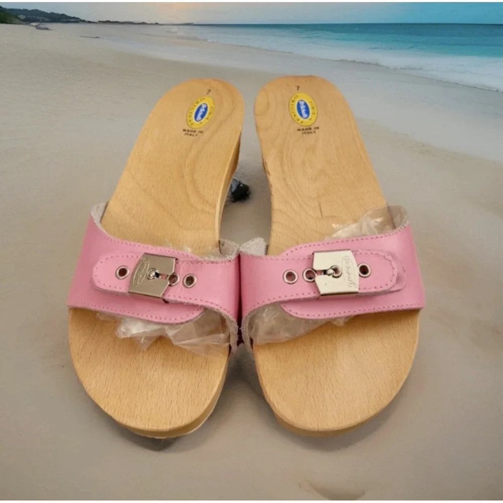 VTG New Original Dr. Scholls W Wooden Exercise Sandals Pink Made in Italy 7